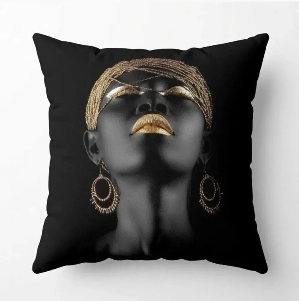 Black Gold African Woman Throw Pillow Case Cover Modern Glam Cushion Art Decor